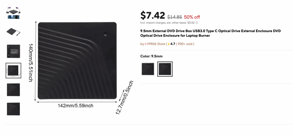 AliExpress listing for a 9.5mm USB-C optical drive enclosure for $7.42